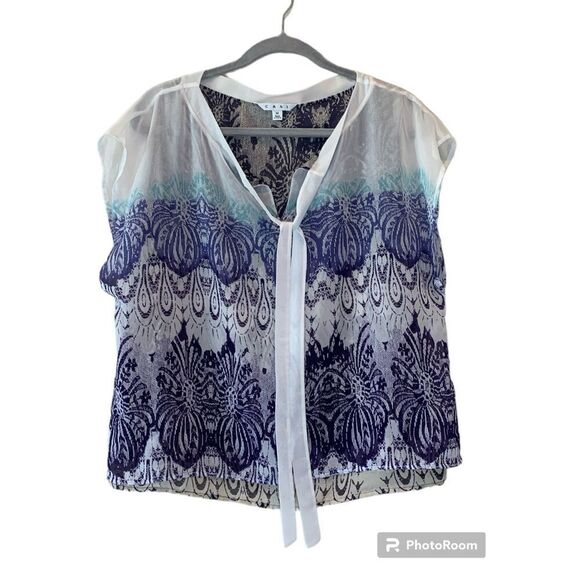 CABI Posh Top Art Deco Print Medium Bow Tie Neck Ivory Purple - Picture 2 of 4